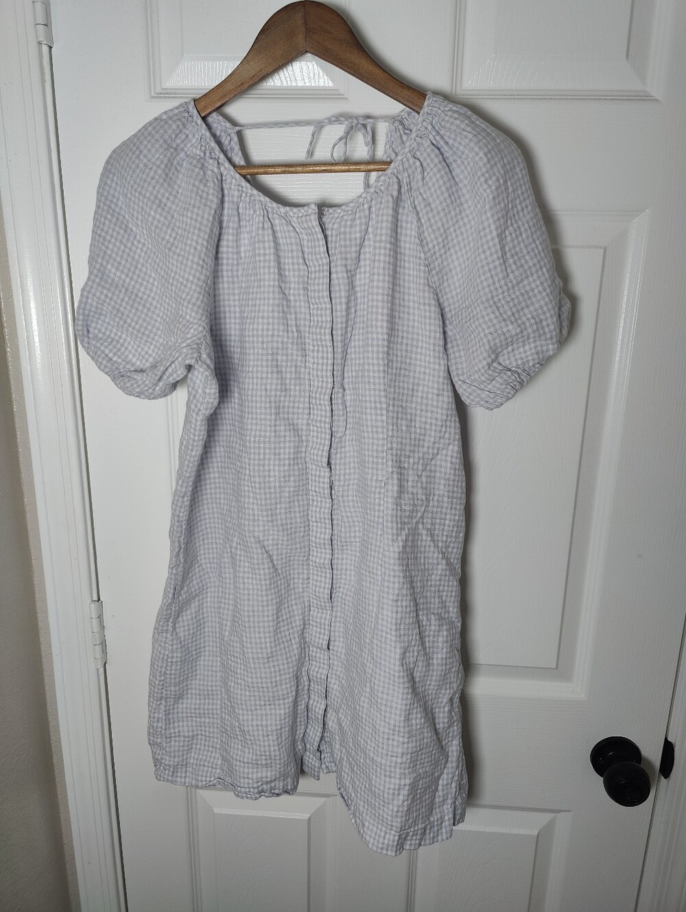 J. Crew Womens Peri Puff Sleeve 100% Linen Shirtdress in White Blue Gingham Sz 8